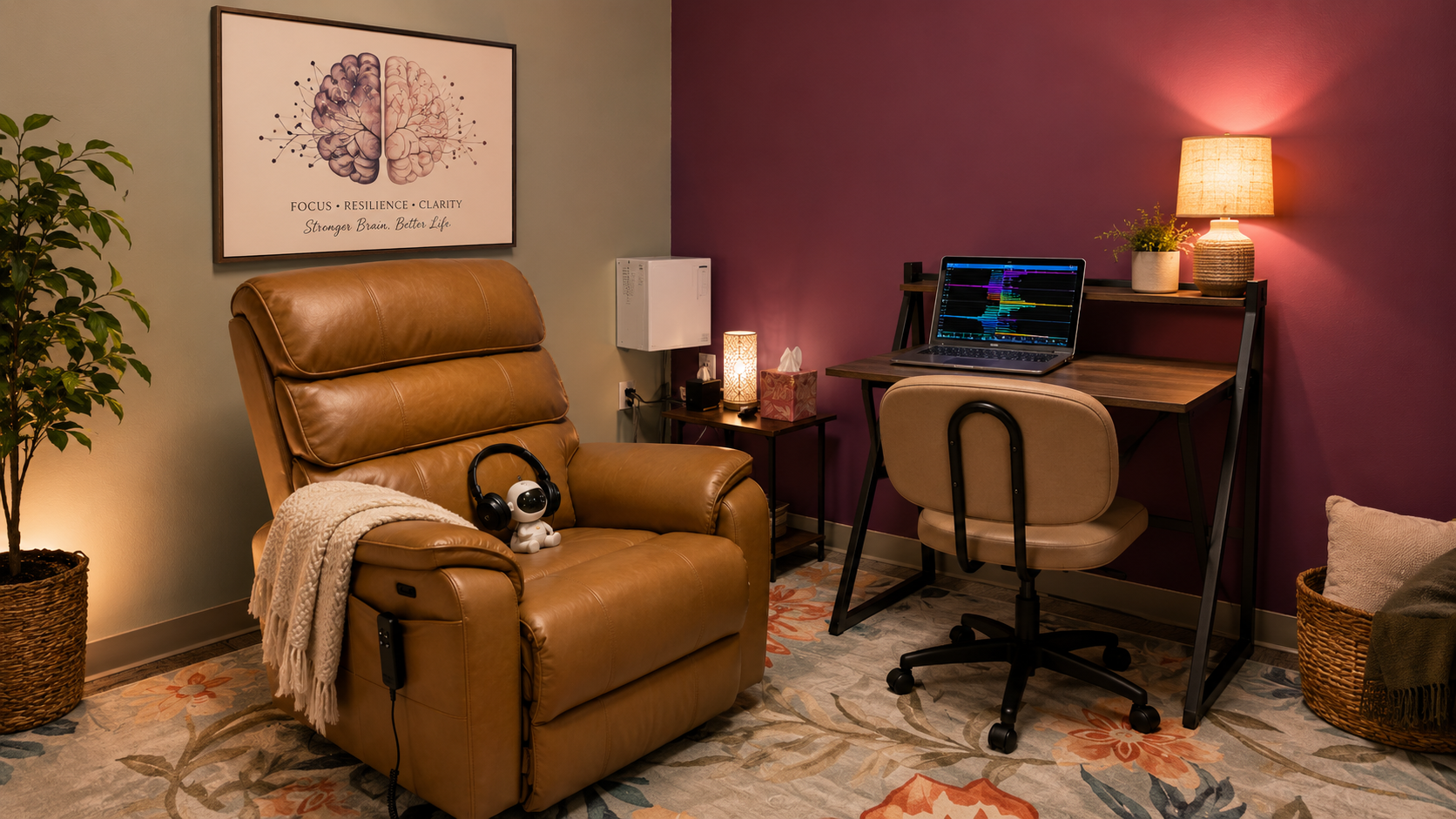 The Optimal You neurofeedback training room — a comfortable leather recliner, soft lighting, and a NeurOptimal® session in progress.